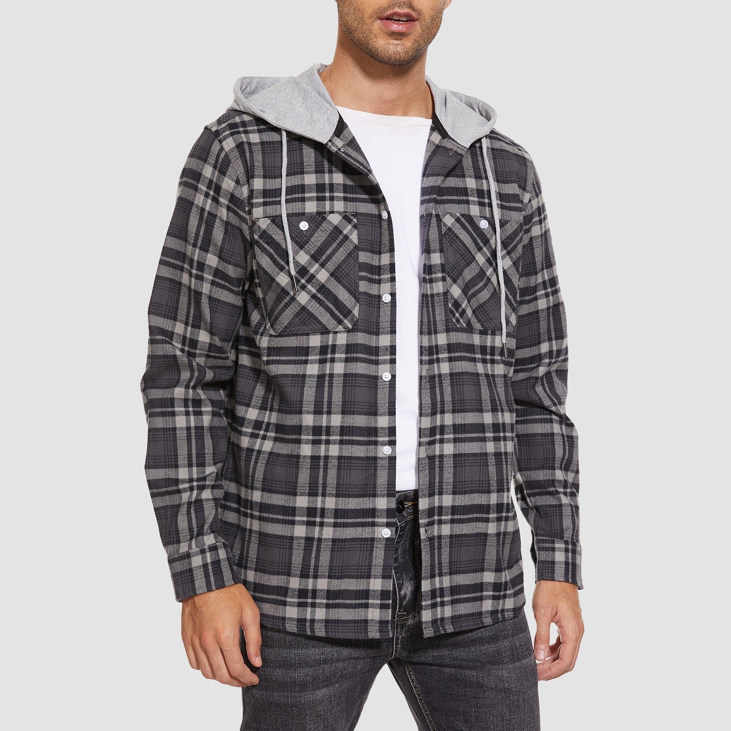 Men's Flannel Shirt Jacket with Hood – Long Sleeve Cotton Plaid for All Seasons, Durable and Comfortable