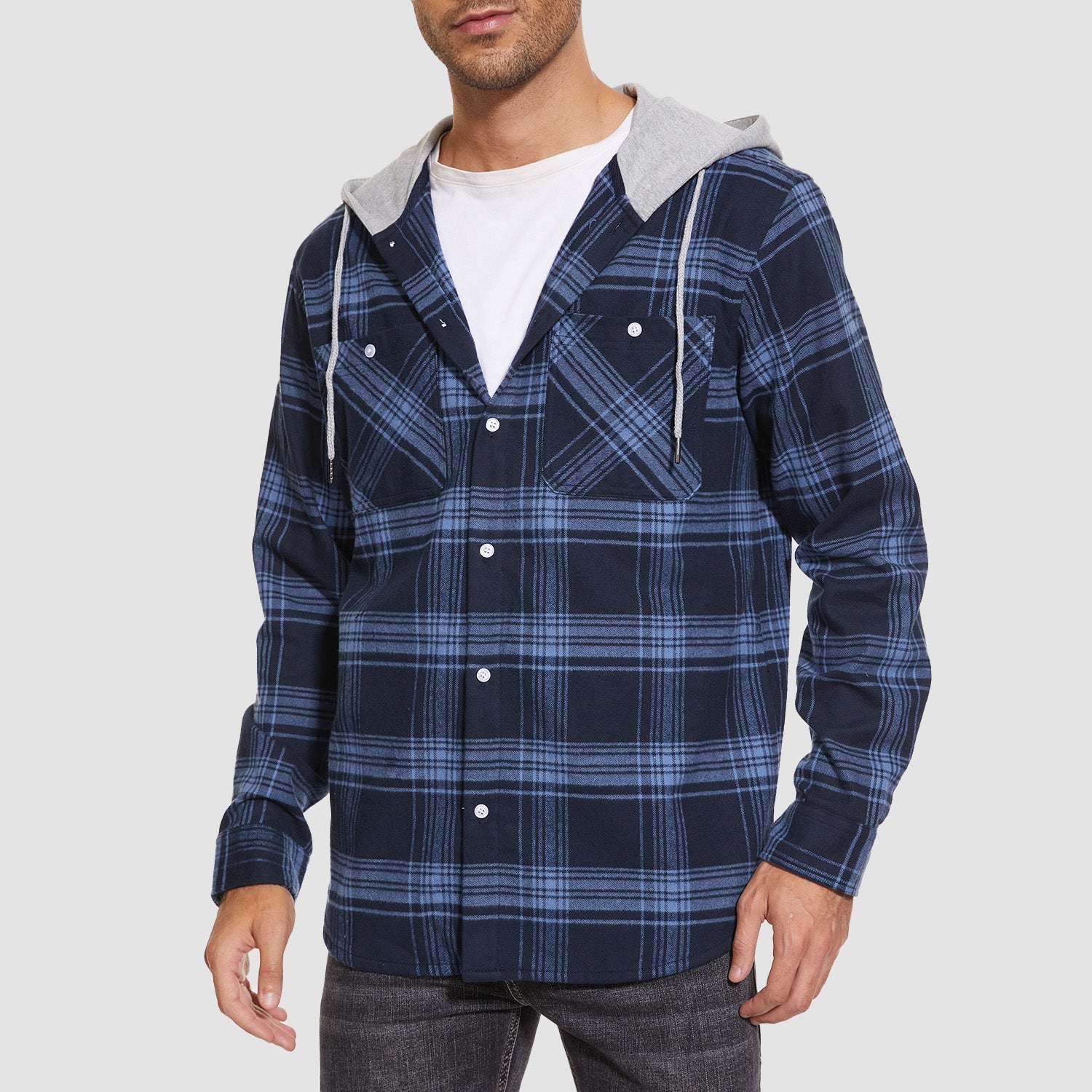 Men's Flannel Shirt Jacket with Hood – Long Sleeve Cotton Plaid for All Seasons, Durable and Comfortable
