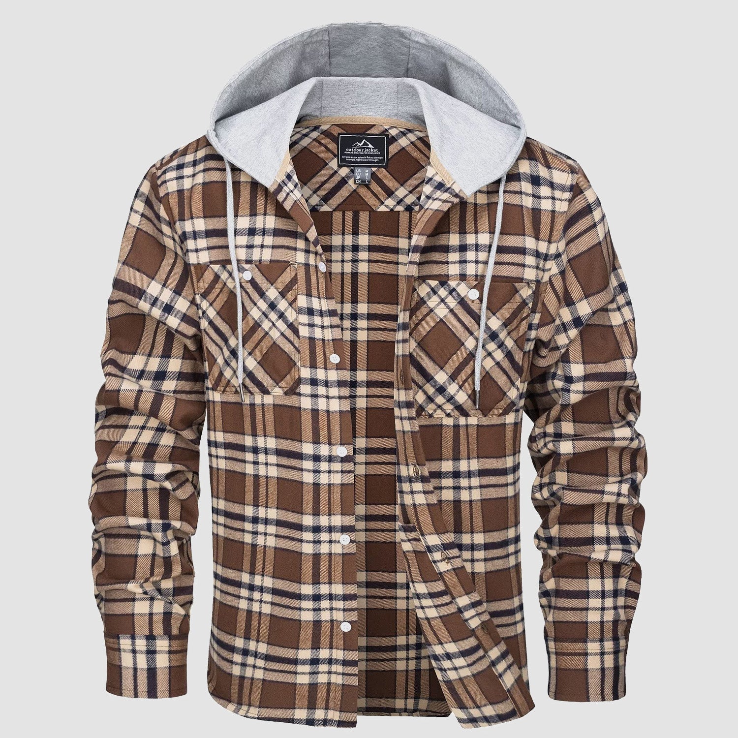 Men's Flannel Shirt Jacket with Hood – Long Sleeve Cotton Plaid for All Seasons, Durable and Comfortable