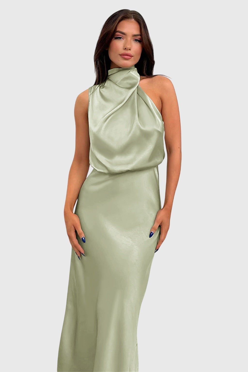 **Ava Glamorous Satin Halter Dress - Elegant Evening Wear for Special Occasions**