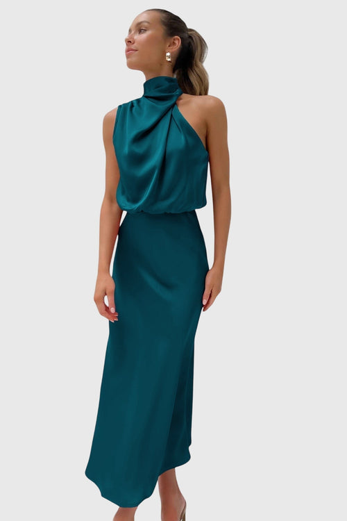 **Ava Glamorous Satin Halter Dress - Elegant Evening Wear for Special Occasions**