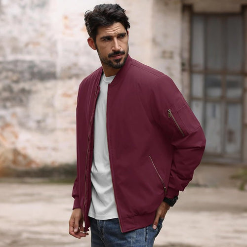 Men's Casual Zip-Up Bomber Jacket with Multi-Pockets and Warm Lining – Lightweight Polyester for Winter and All Seasons
