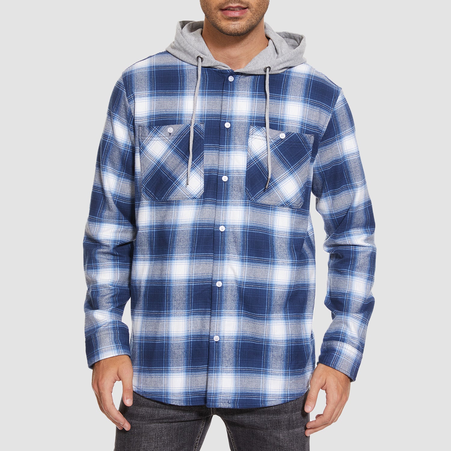 Men's Flannel Shirt Jacket with Hood – Long Sleeve Cotton Plaid for All Seasons, Durable and Comfortable