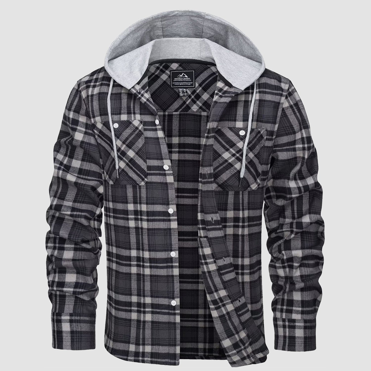 Men's Flannel Shirt Jacket with Hood – Long Sleeve Cotton Plaid for All Seasons, Durable and Comfortable