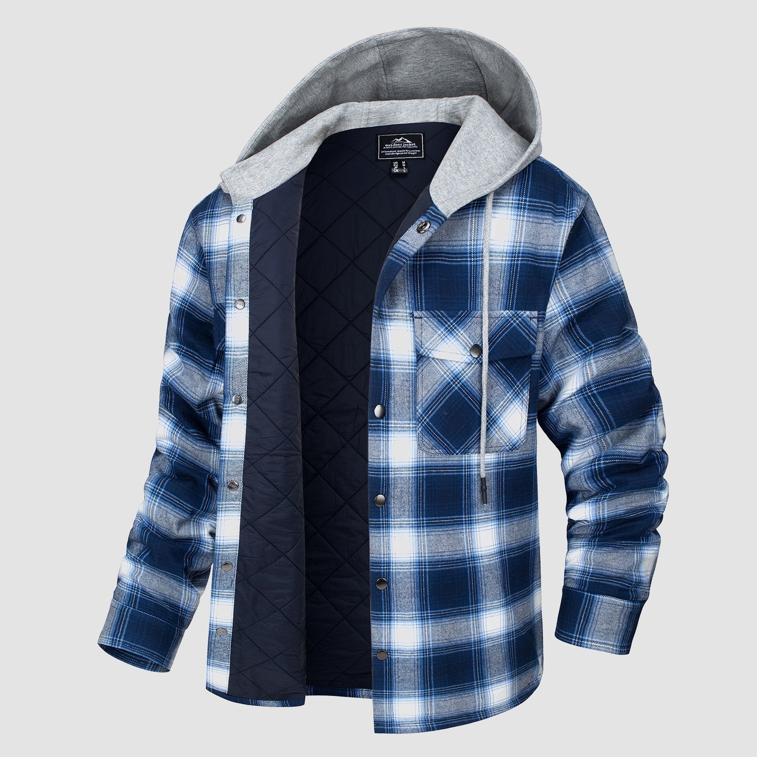 Men's Quilted Flannel Jacket with Hood – Lightweight Windproof Mens Winter Coat with 5 Pockets, Comfortable Fit, Cotton Shell