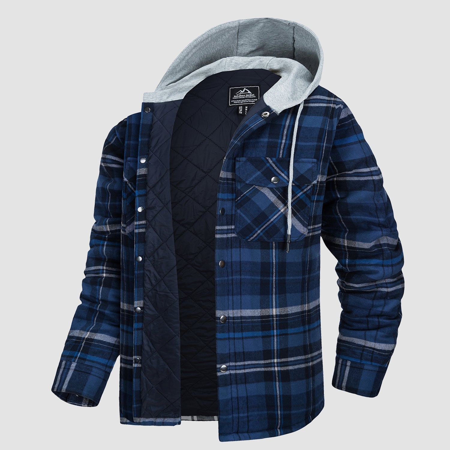 Men's Quilted Flannel Jacket with Hood – Lightweight Windproof Mens Winter Coat with 5 Pockets, Comfortable Fit, Cotton Shell