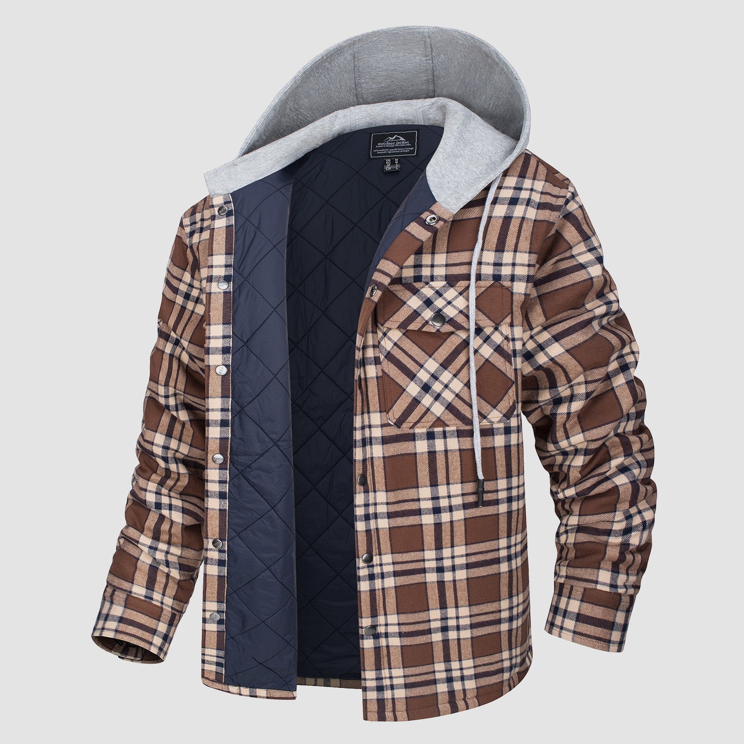 Men's Quilted Flannel Jacket with Hood – Lightweight Windproof Mens Winter Coat with 5 Pockets, Comfortable Fit, Cotton Shell