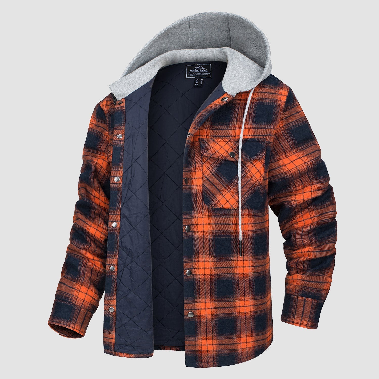 Men's Quilted Flannel Jacket with Hood – Lightweight Windproof Mens Winter Coat with 5 Pockets, Comfortable Fit, Cotton Shell