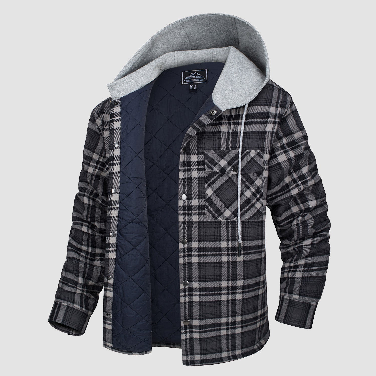 Men's Quilted Flannel Jacket with Hood – Lightweight Windproof Mens Winter Coat with 5 Pockets, Comfortable Fit, Cotton Shell