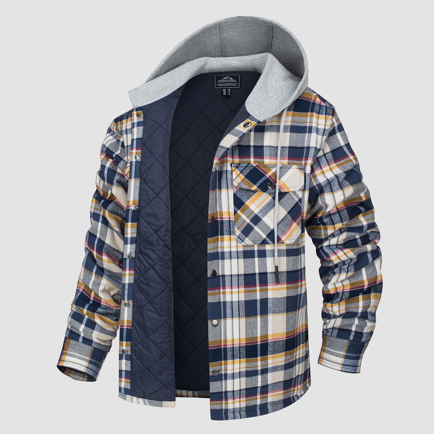 Men's Quilted Flannel Jacket with Hood – Lightweight Windproof Mens Winter Coat with 5 Pockets, Comfortable Fit, Cotton Shell
