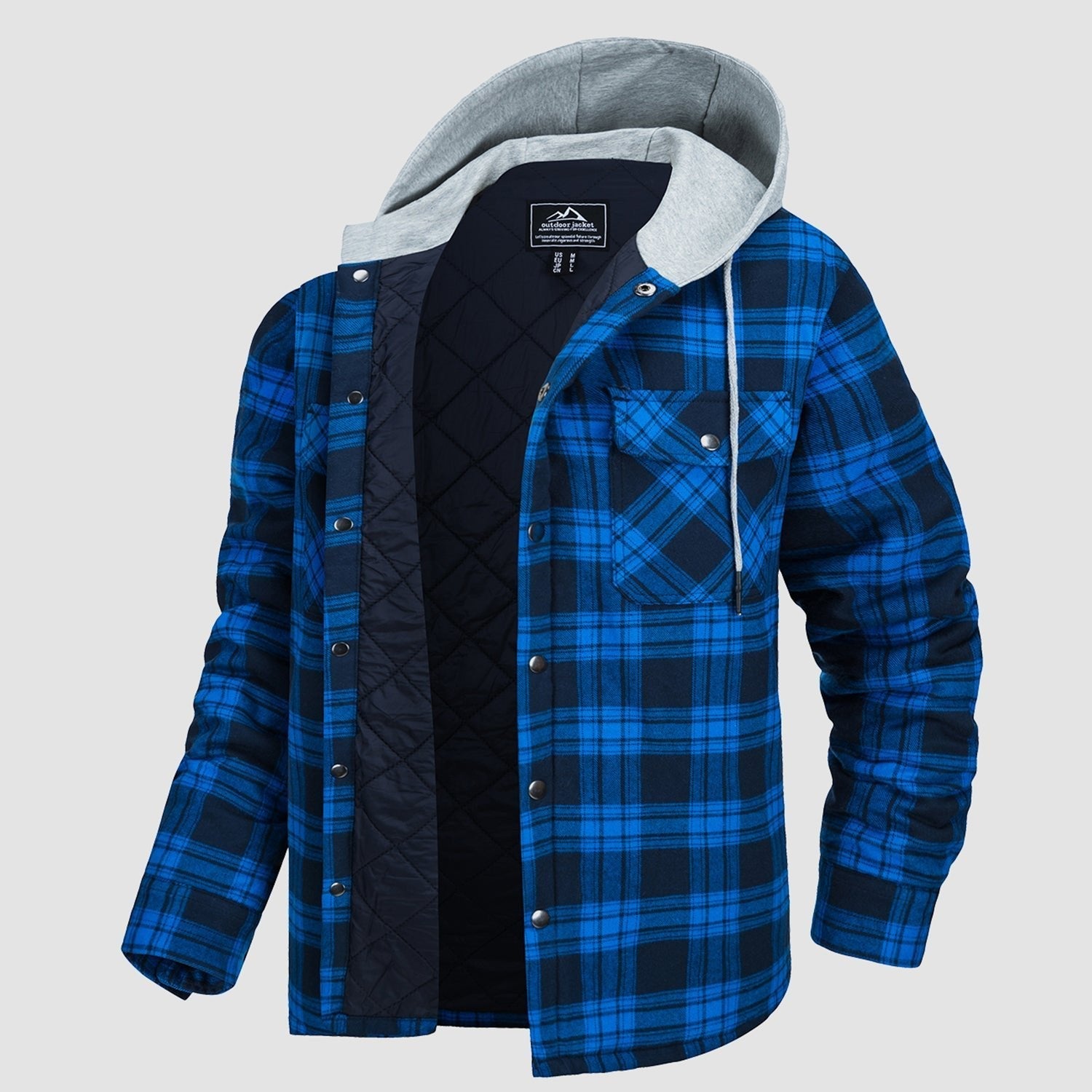 Men's Quilted Flannel Jacket with Hood – Lightweight Windproof Mens Winter Coat with 5 Pockets, Comfortable Fit, Cotton Shell