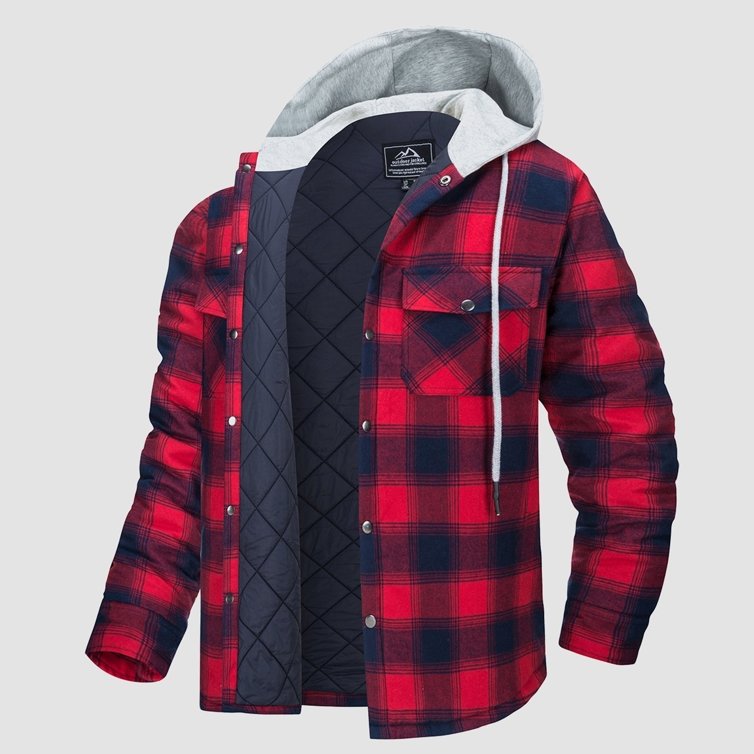Men's Quilted Flannel Jacket with Hood – Lightweight Windproof Mens Winter Coat with 5 Pockets, Comfortable Fit, Cotton Shell