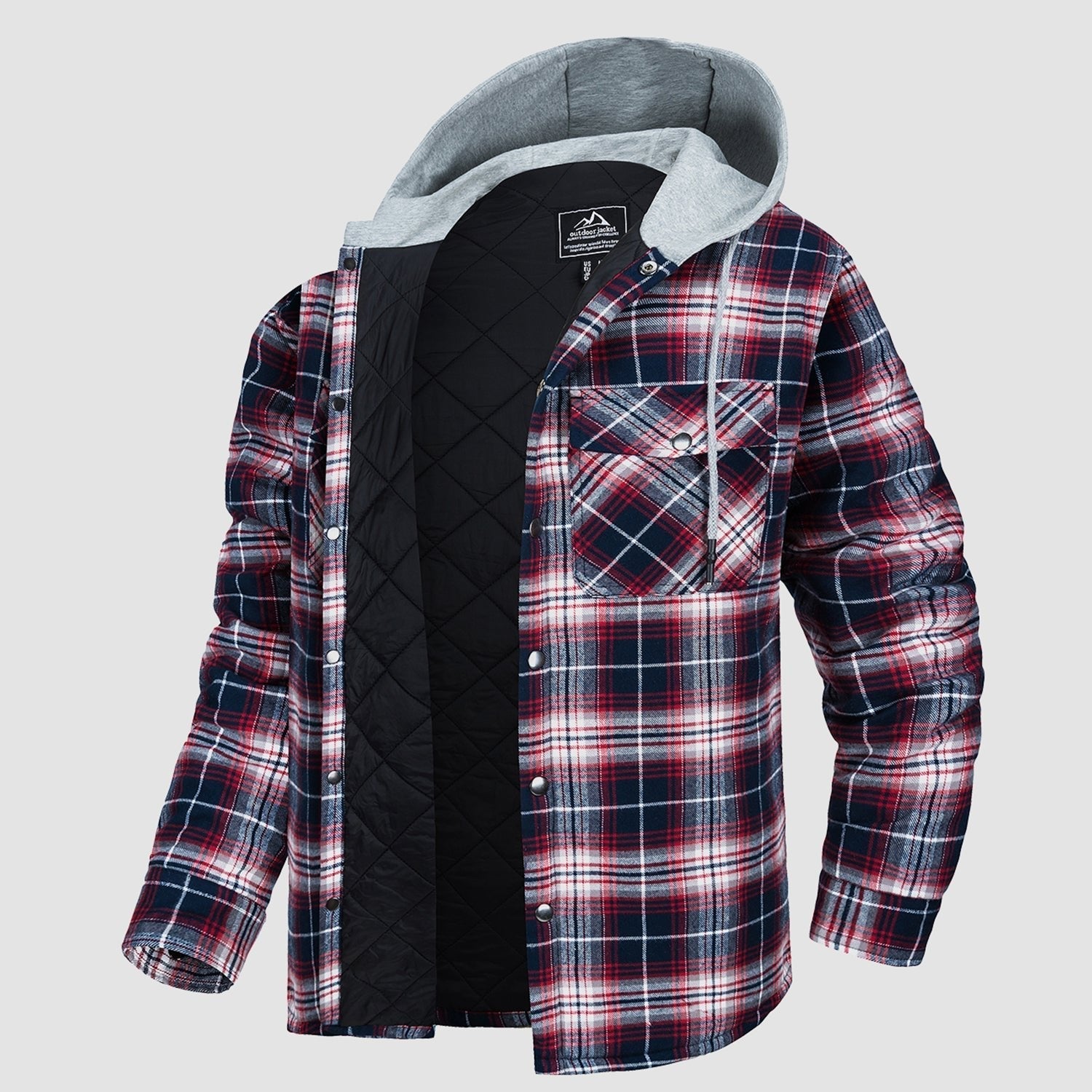 Men's Quilted Flannel Jacket with Hood – Lightweight Windproof Mens Winter Coat with 5 Pockets, Comfortable Fit, Cotton Shell