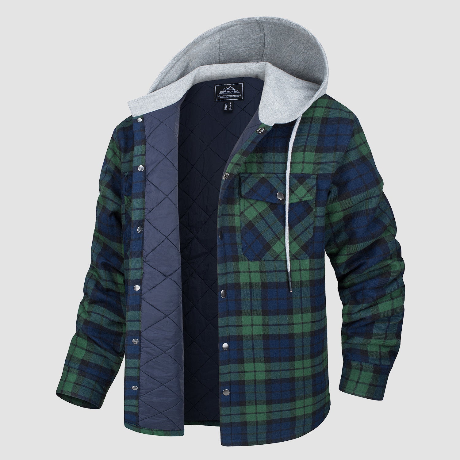 Men's Quilted Flannel Jacket with Hood – Lightweight Windproof Mens Winter Coat with 5 Pockets, Comfortable Fit, Cotton Shell