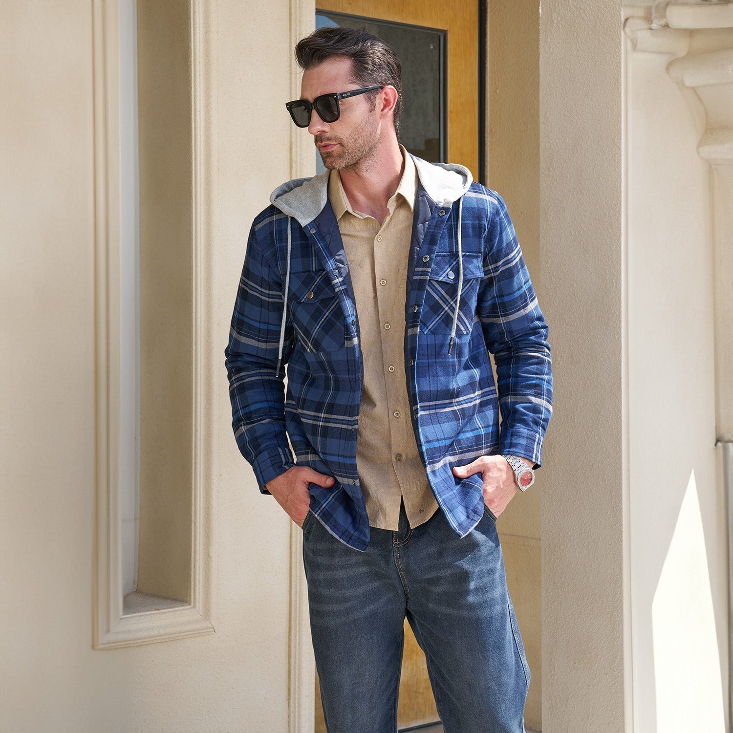 Men's Quilted Flannel Jacket with Hood – Lightweight Windproof Mens Winter Coat with 5 Pockets, Comfortable Fit, Cotton Shell