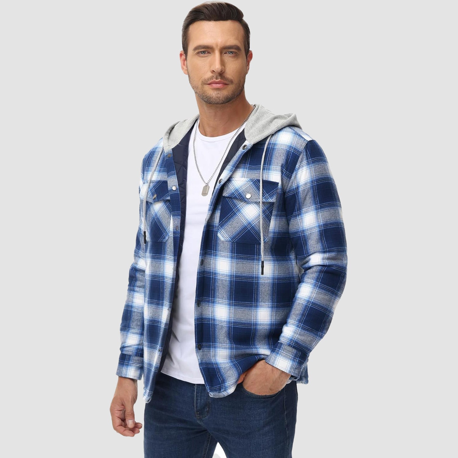 Men's Quilted Flannel Jacket with Hood – Lightweight Windproof Mens Winter Coat with 5 Pockets, Comfortable Fit, Cotton Shell