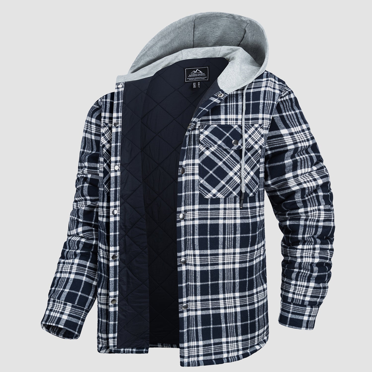Men's Quilted Flannel Jacket with Hood – Lightweight Windproof Mens Winter Coat with 5 Pockets, Comfortable Fit, Cotton Shell