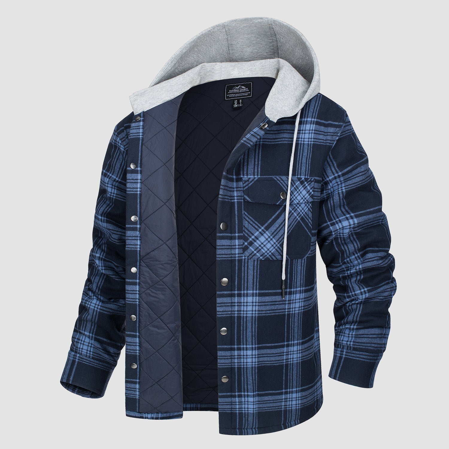 Men's Quilted Flannel Jacket with Hood – Lightweight Windproof Mens Winter Coat with 5 Pockets, Comfortable Fit, Cotton Shell