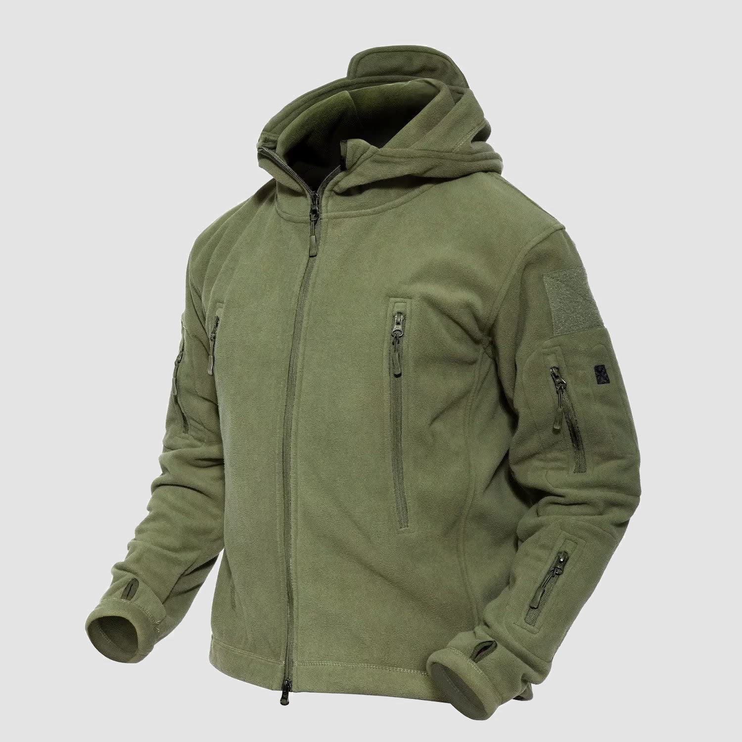 Men's Tactical Fleece Jacket with 6 Zip-Pockets – Warm Windproof Hooded Jacket for Outdoor Activities