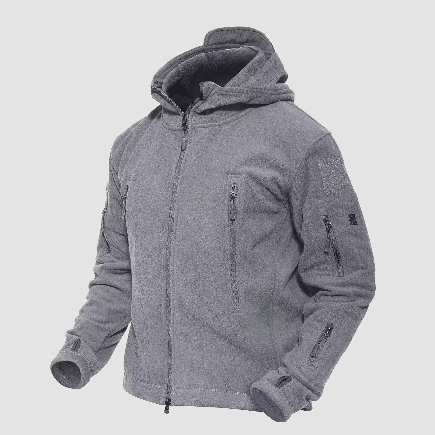 Men's Tactical Fleece Jacket with 6 Zip-Pockets – Warm Windproof Hooded Jacket for Outdoor Activities