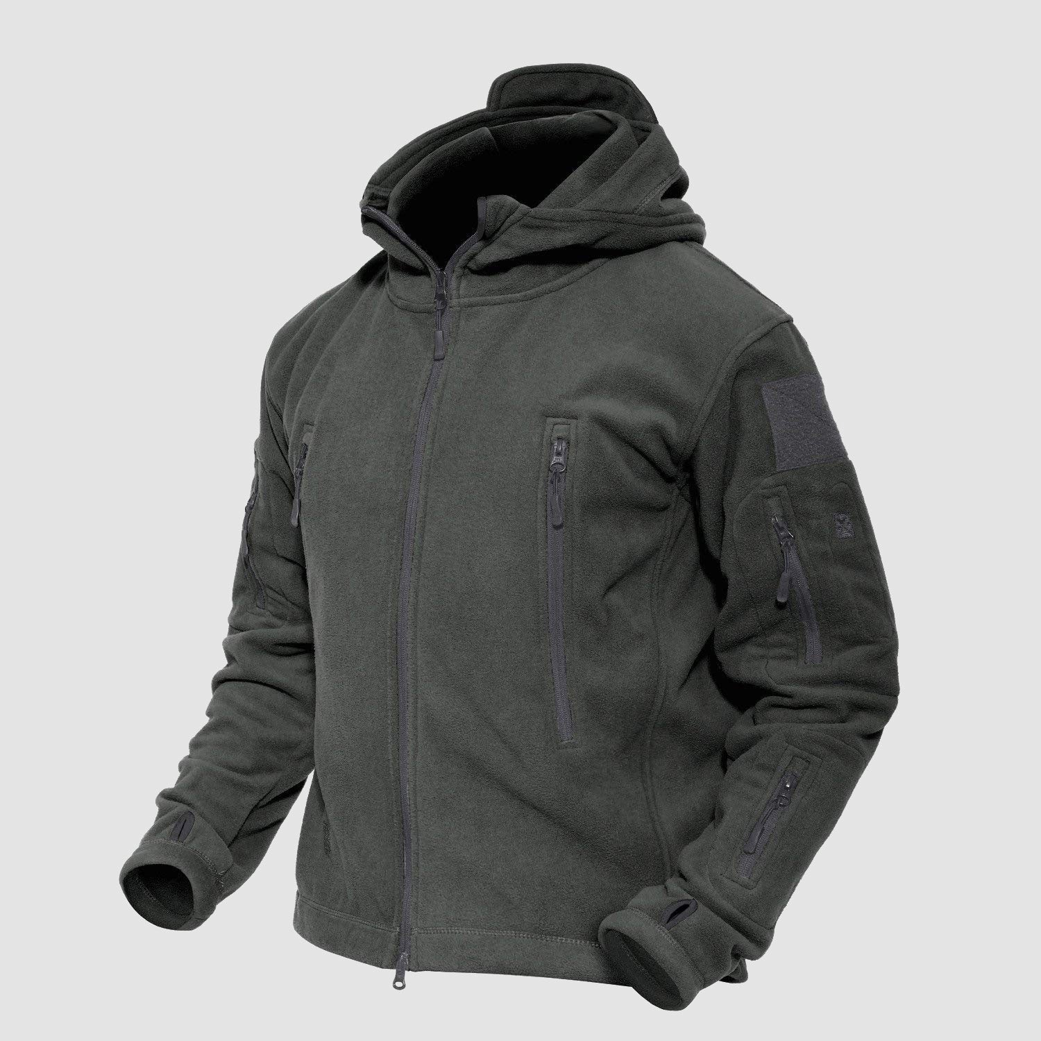 Men's Tactical Fleece Jacket with 6 Zip-Pockets – Warm Windproof Hooded Jacket for Outdoor Activities