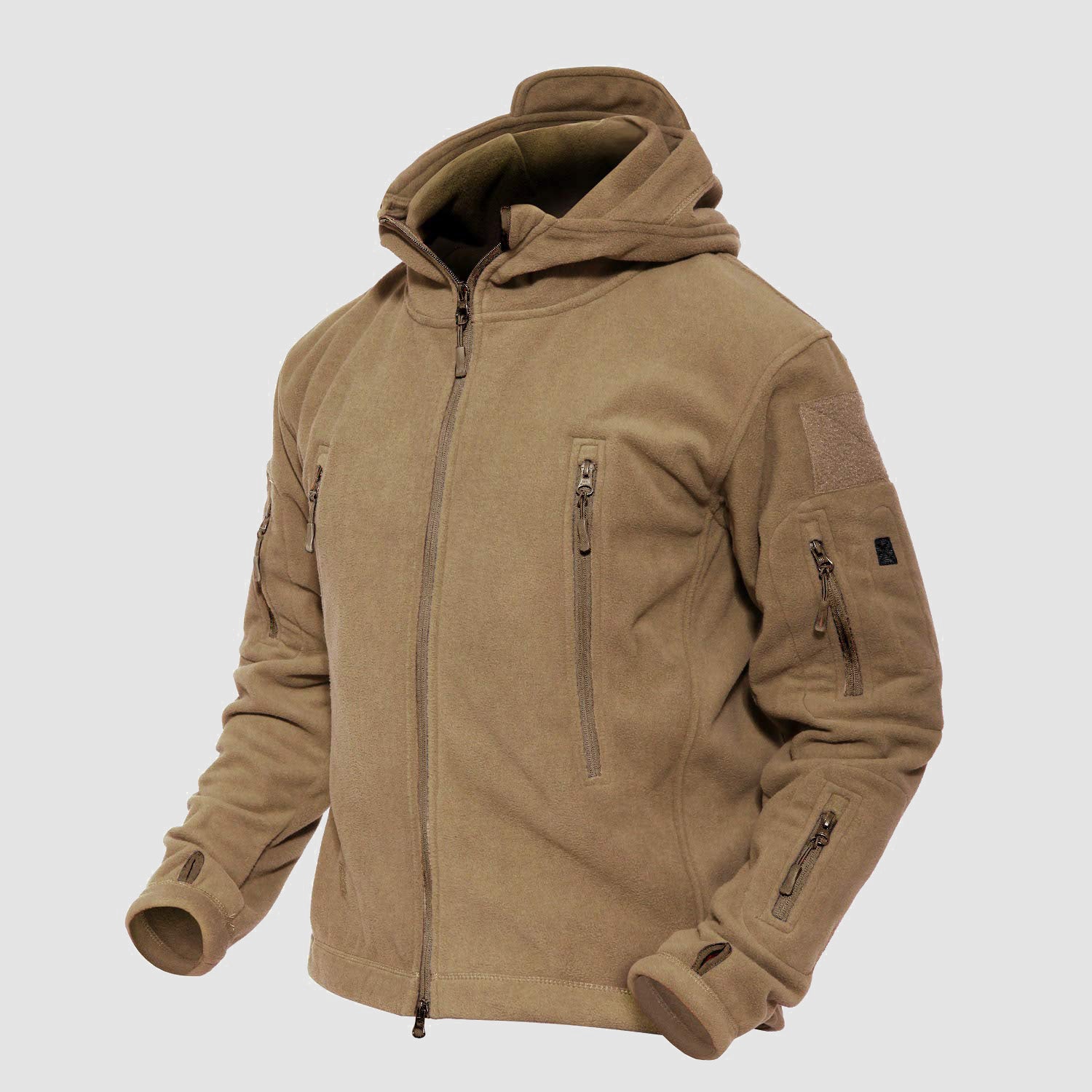 Men's Tactical Fleece Jacket with 6 Zip-Pockets – Warm Windproof Hooded Jacket for Outdoor Activities