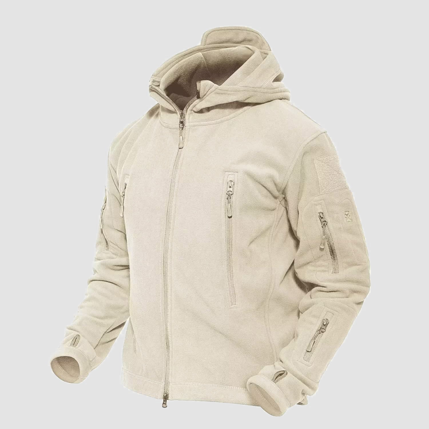 Men's Tactical Fleece Jacket with 6 Zip-Pockets – Warm Windproof Hooded Jacket for Outdoor Activities