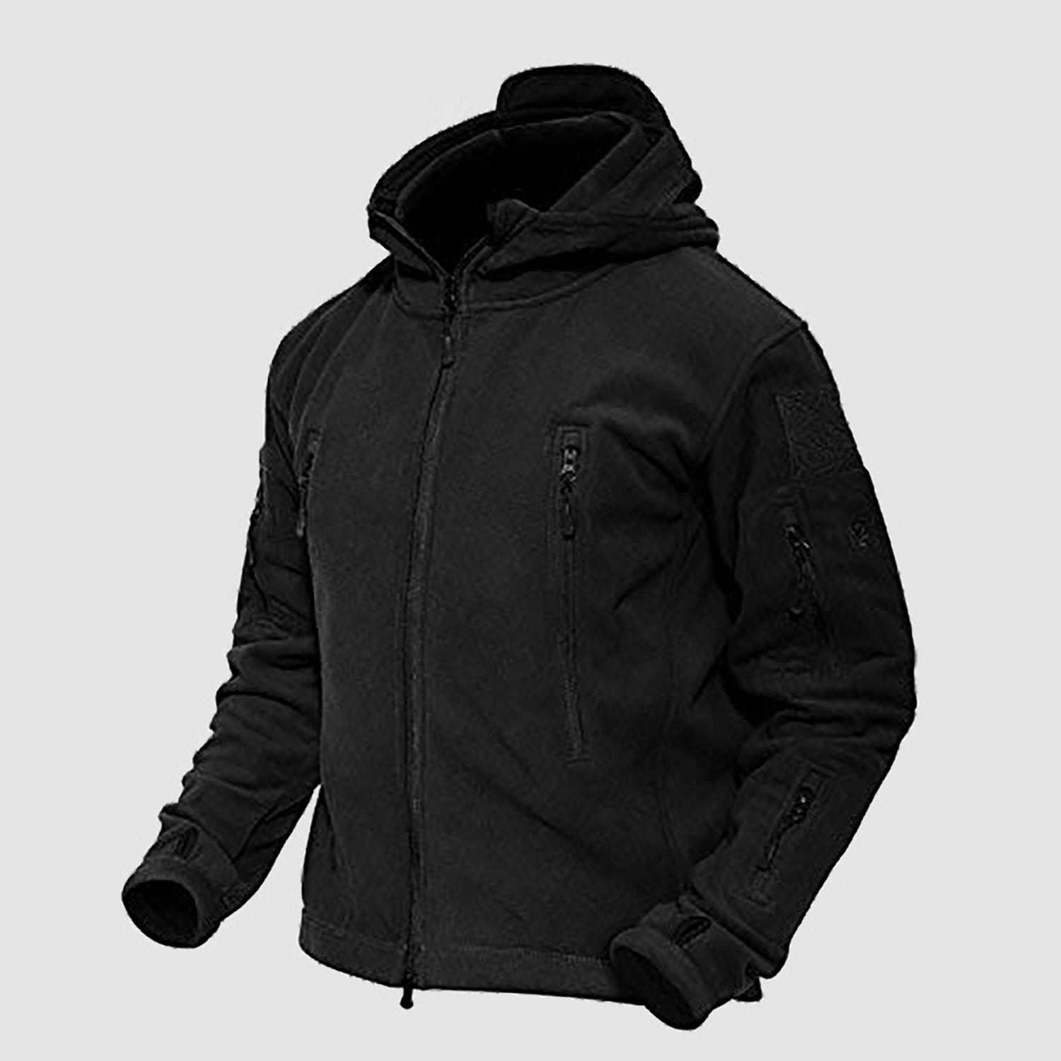 Men's Tactical Fleece Jacket with 6 Zip-Pockets – Warm Windproof Hooded Jacket for Outdoor Activities