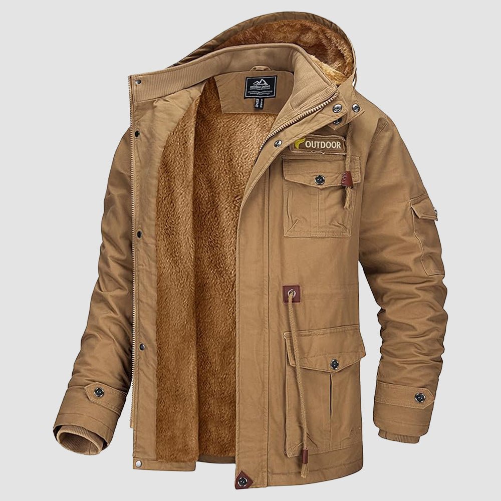 Men's Winter Military Parka Jacket with Fleece Lining, Windproof Design, and Multiple Pockets