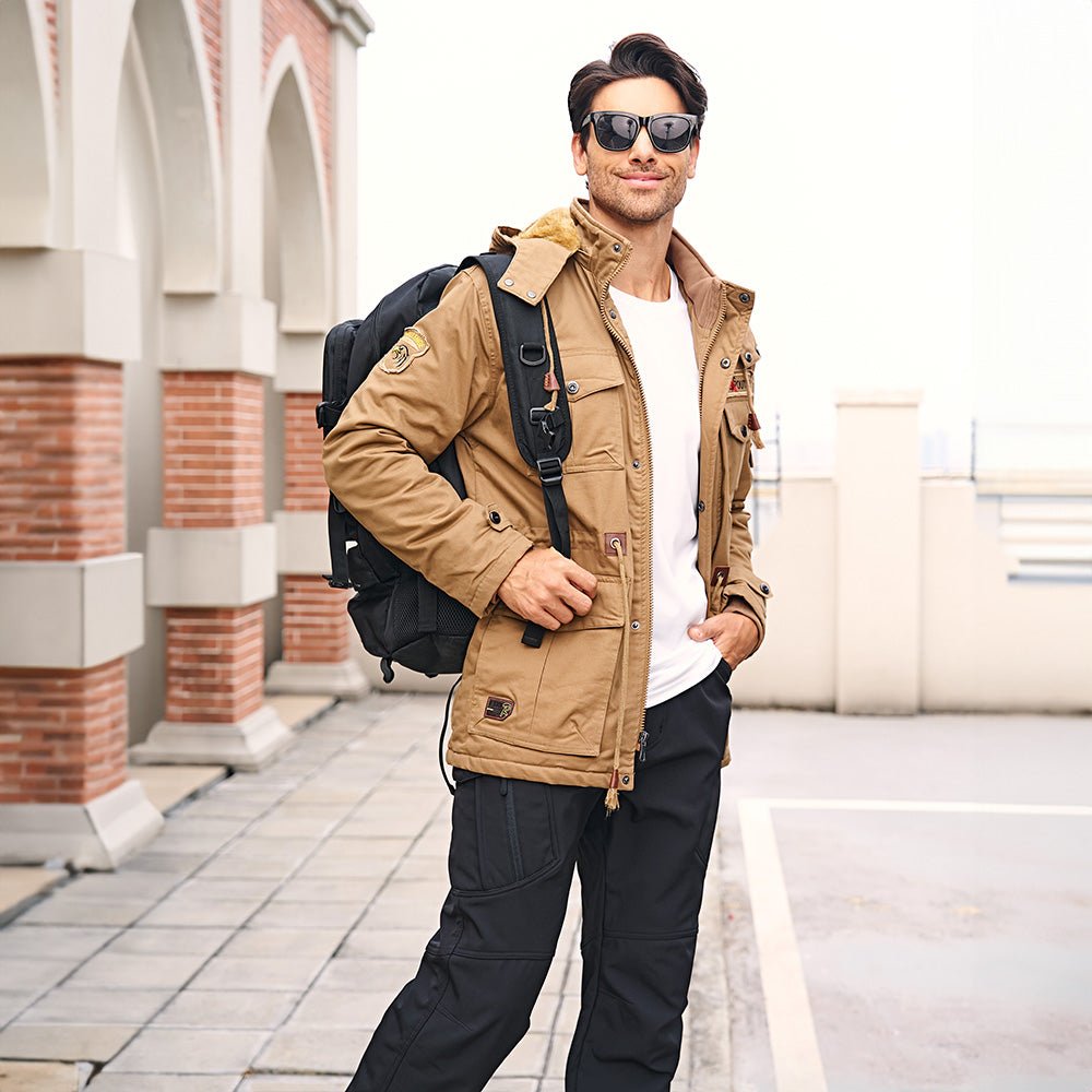 Men's Winter Military Parka Jacket with Fleece Lining, Windproof Design, and Multiple Pockets