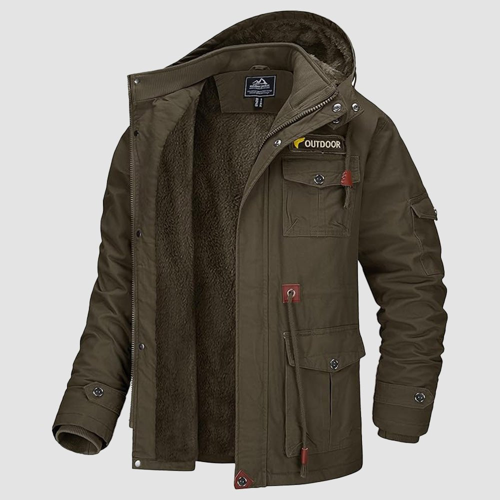 Men's Winter Military Parka Jacket with Fleece Lining, Windproof Design, and Multiple Pockets