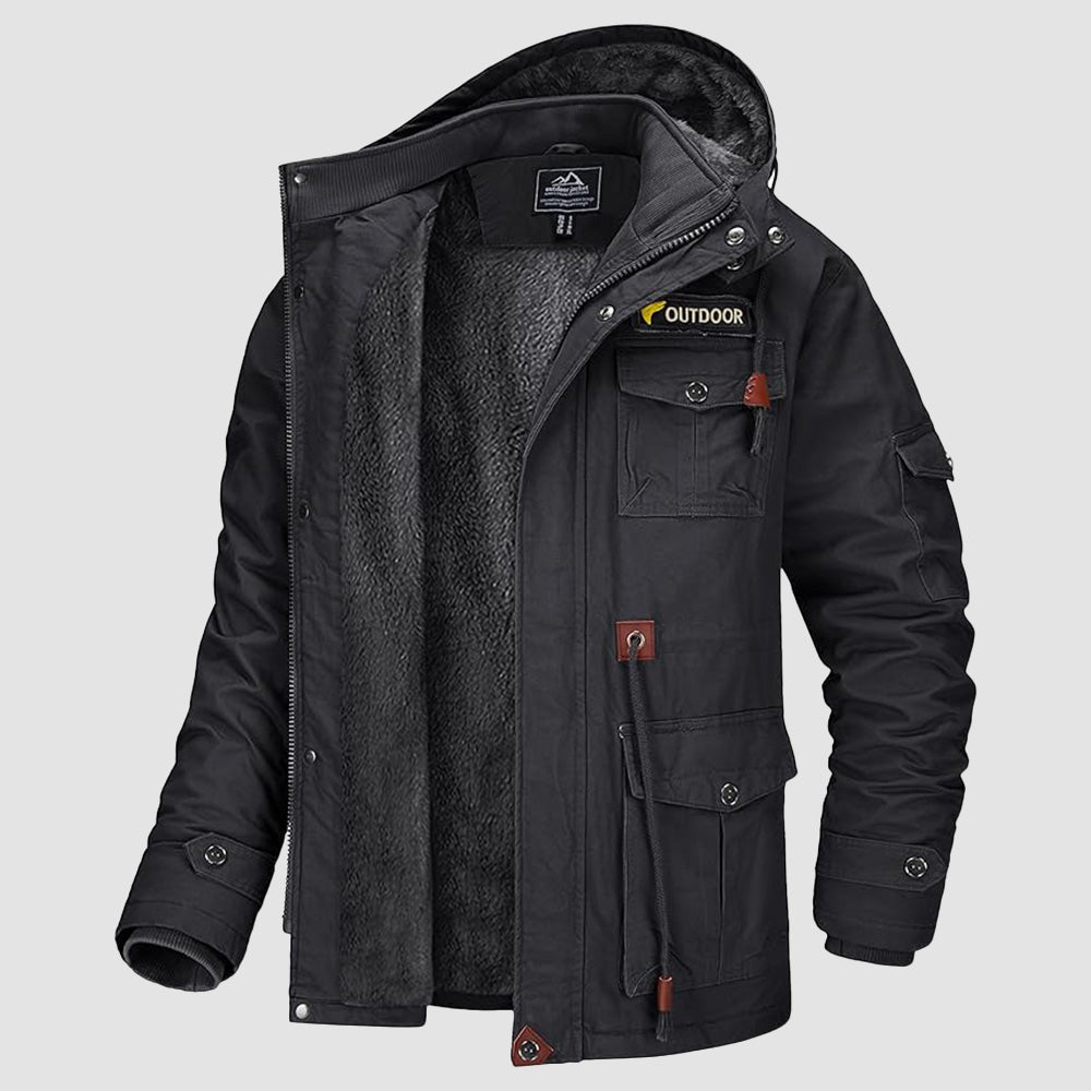 Men's Winter Military Parka Jacket with Fleece Lining, Windproof Design, and Multiple Pockets