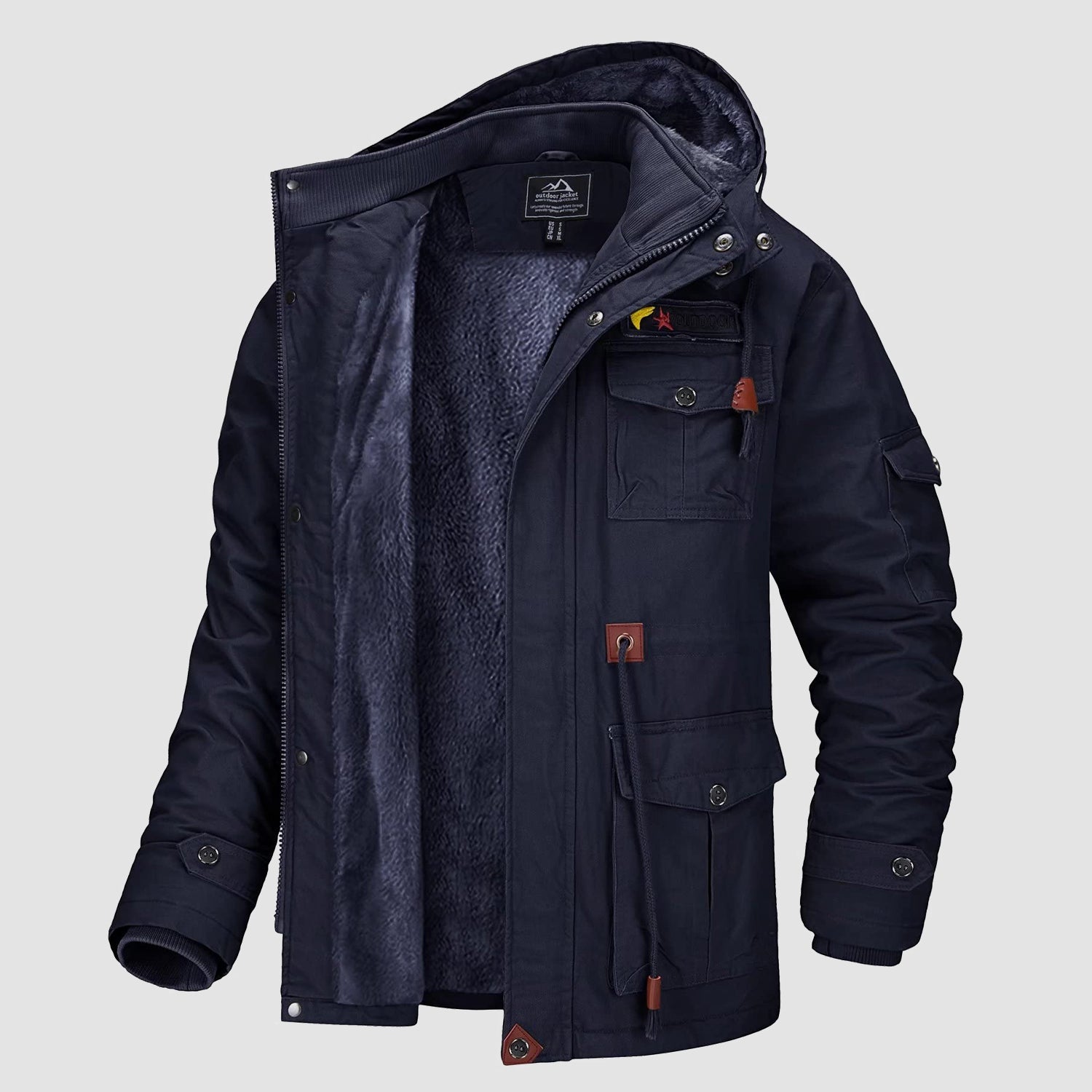 Men's Winter Military Parka Jacket with Fleece Lining, Windproof Design, and Multiple Pockets
