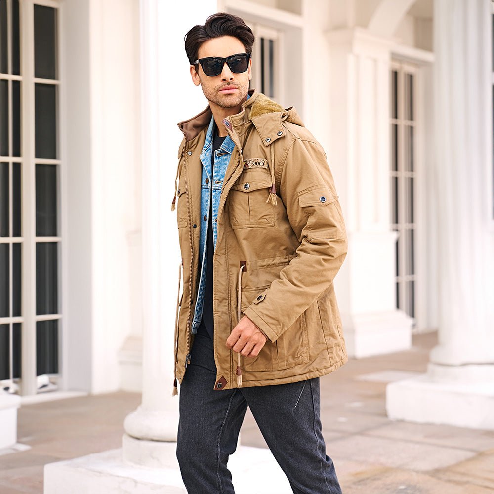 Men's Winter Military Parka Jacket with Fleece Lining, Windproof Design, and Multiple Pockets