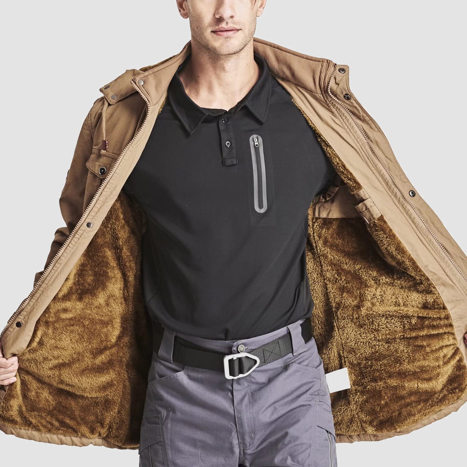 Men's Winter Military Parka Jacket with Fleece Lining, Windproof Design, and Multiple Pockets