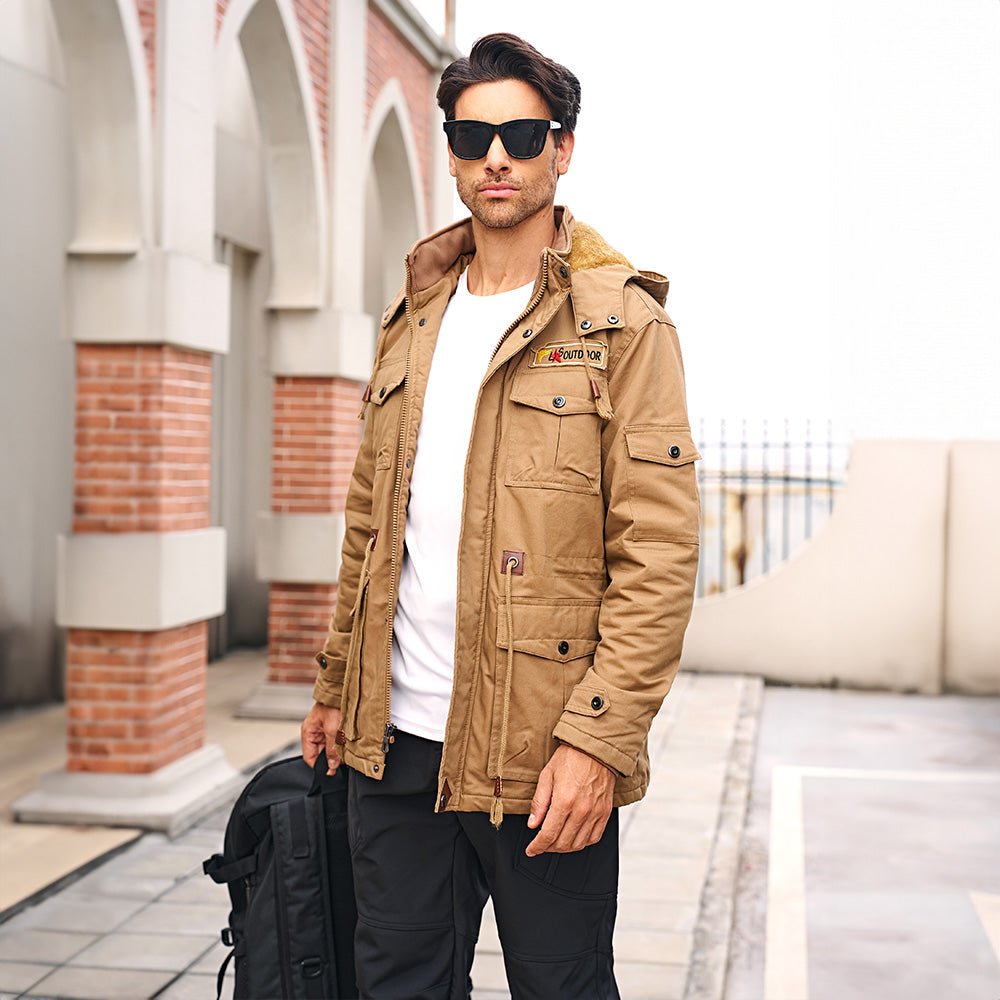 Men's Winter Military Parka Jacket with Fleece Lining, Windproof Design, and Multiple Pockets