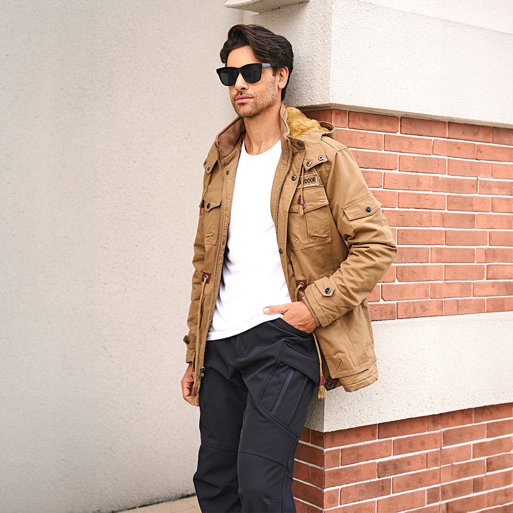 Men's Winter Military Parka Jacket with Fleece Lining, Windproof Design, and Multiple Pockets