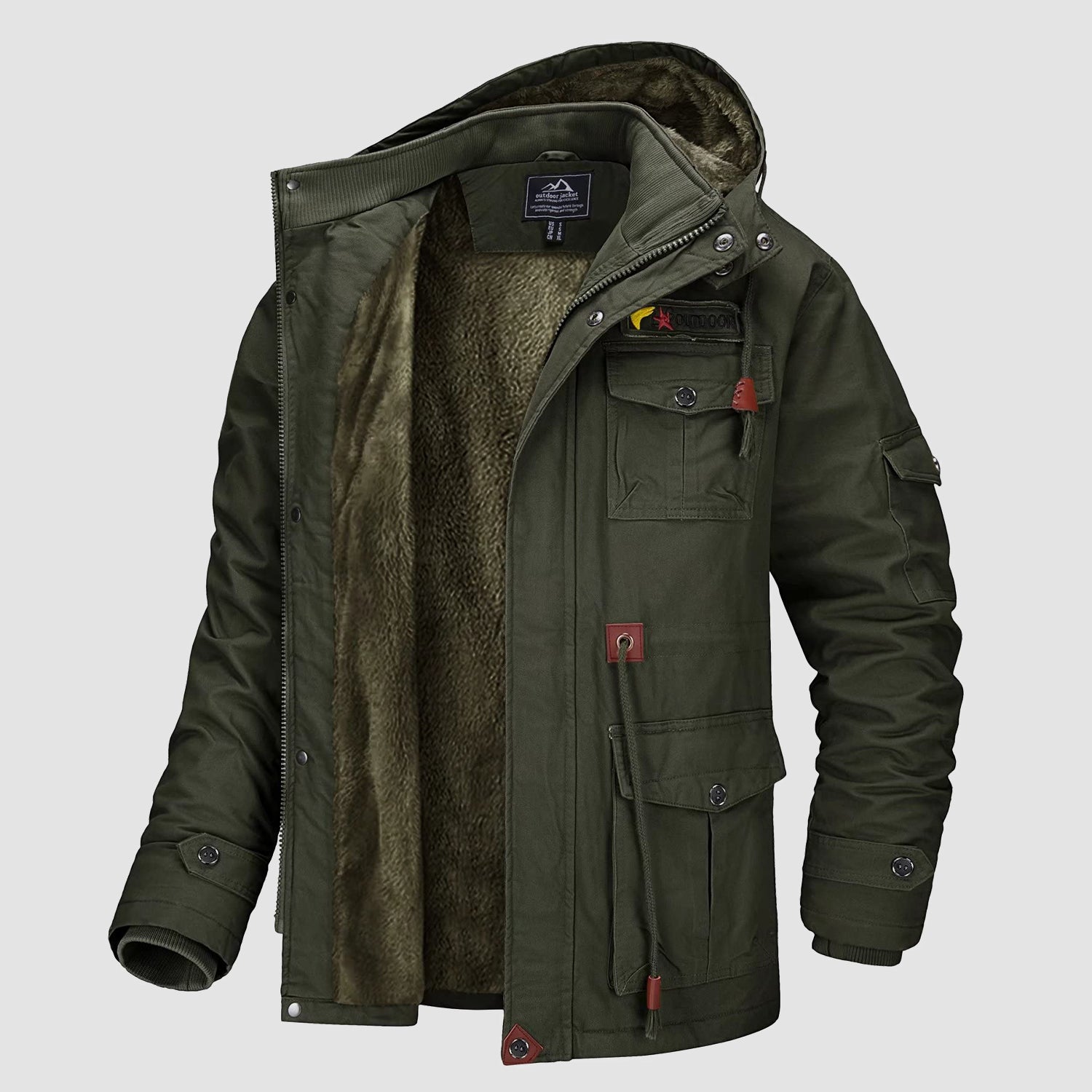 Men's Winter Military Parka Jacket with Fleece Lining, Windproof Design, and Multiple Pockets