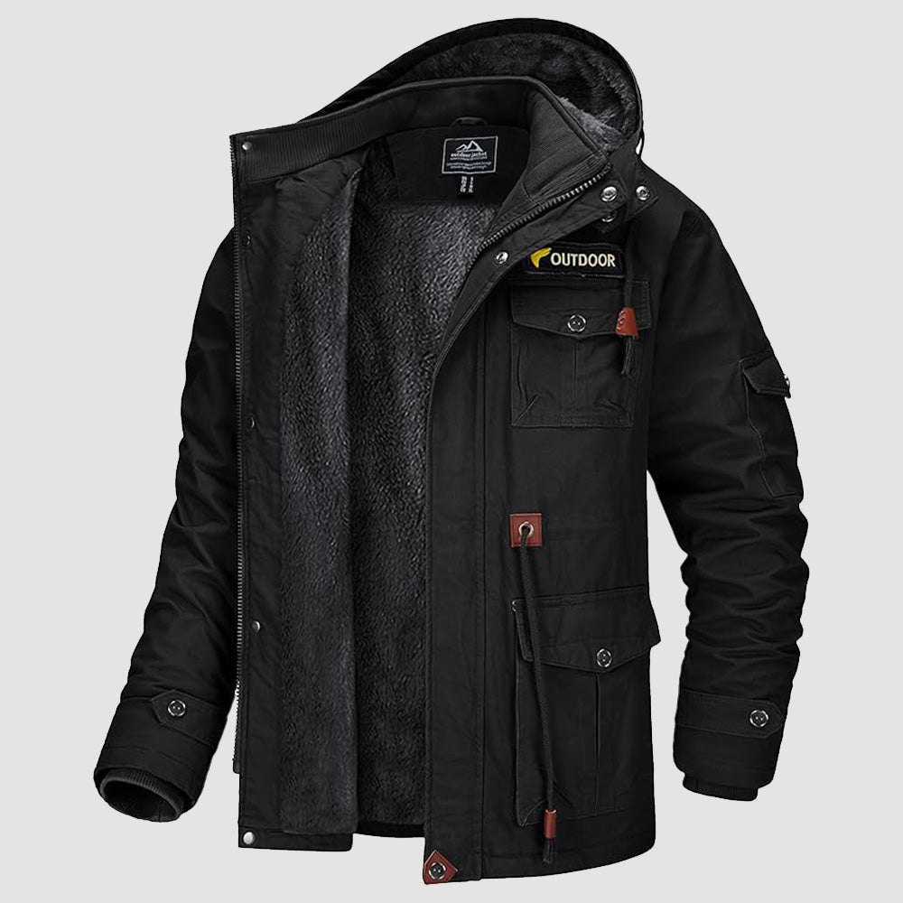 Men's Winter Military Parka Jacket with Fleece Lining, Windproof Design, and Multiple Pockets