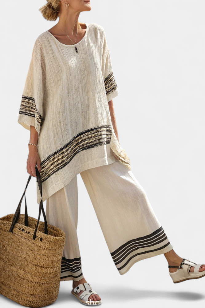 **Harlowe Elegant Black-Striped Linen Top & Flowing Pants Set - Stylish Women's Outfit for Effortless Chic**