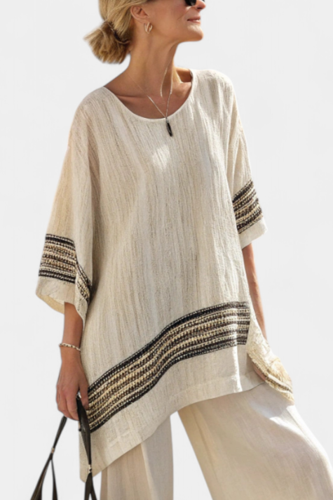 **Harlowe Elegant Black-Striped Linen Top & Flowing Pants Set - Stylish Women's Outfit for Effortless Chic**