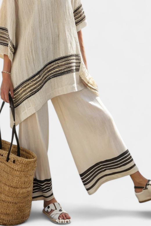 **Harlowe Elegant Black-Striped Linen Top & Flowing Pants Set - Stylish Women's Outfit for Effortless Chic**