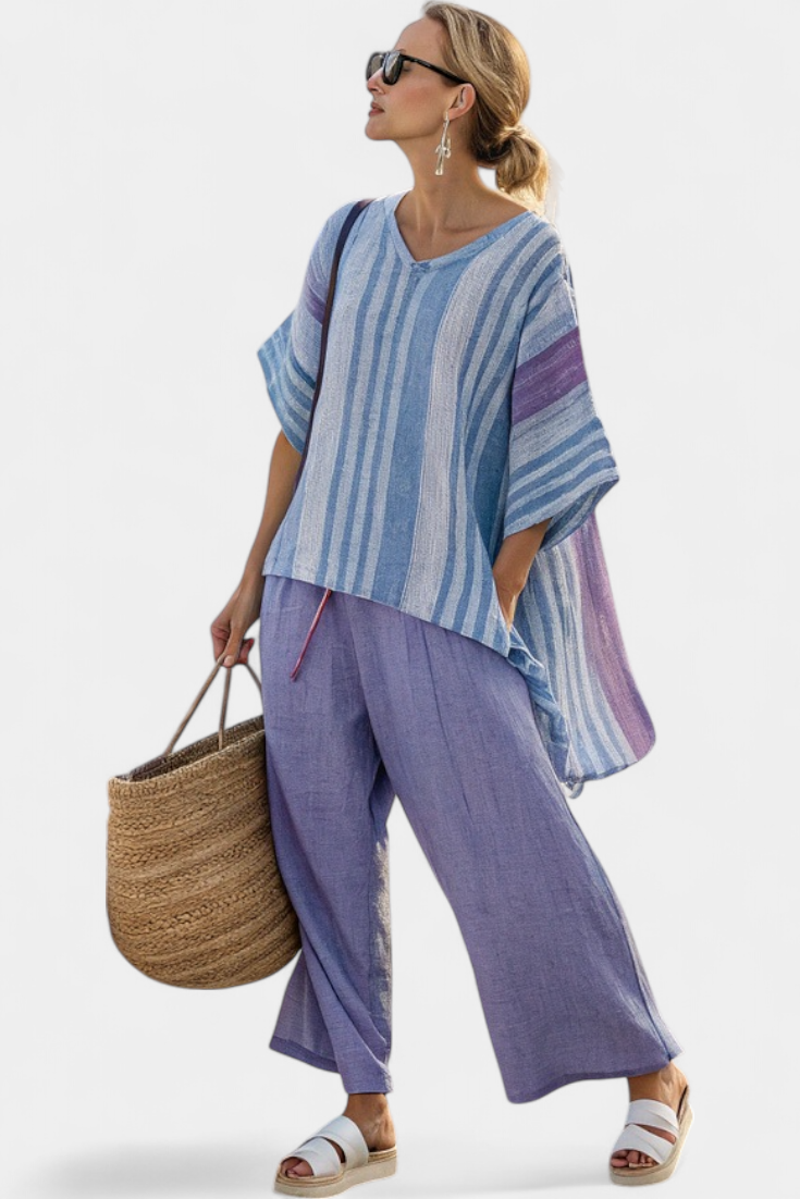 Zellora Elegant Lavender & Sky Blue Top with Linen Pants Set - Stylish Women's Outfit for Casual & Formal Wear