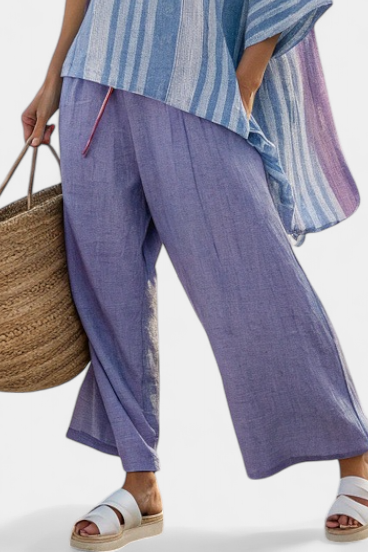 Zellora Elegant Lavender & Sky Blue Top with Linen Pants Set - Stylish Women's Outfit for Casual & Formal Wear