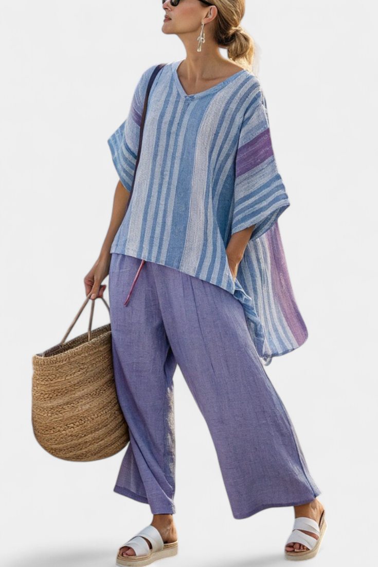Zellora Elegant Lavender & Sky Blue Top with Linen Pants Set - Stylish Women's Outfit for Casual & Formal Wear