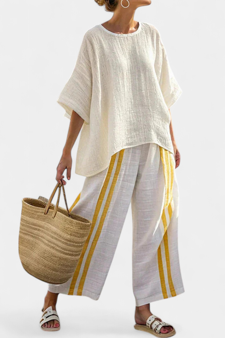 Anselor Elegant Yellow Striped Linen Top & Wide-Leg Pants Set for Women | Stylish Summer Outfit