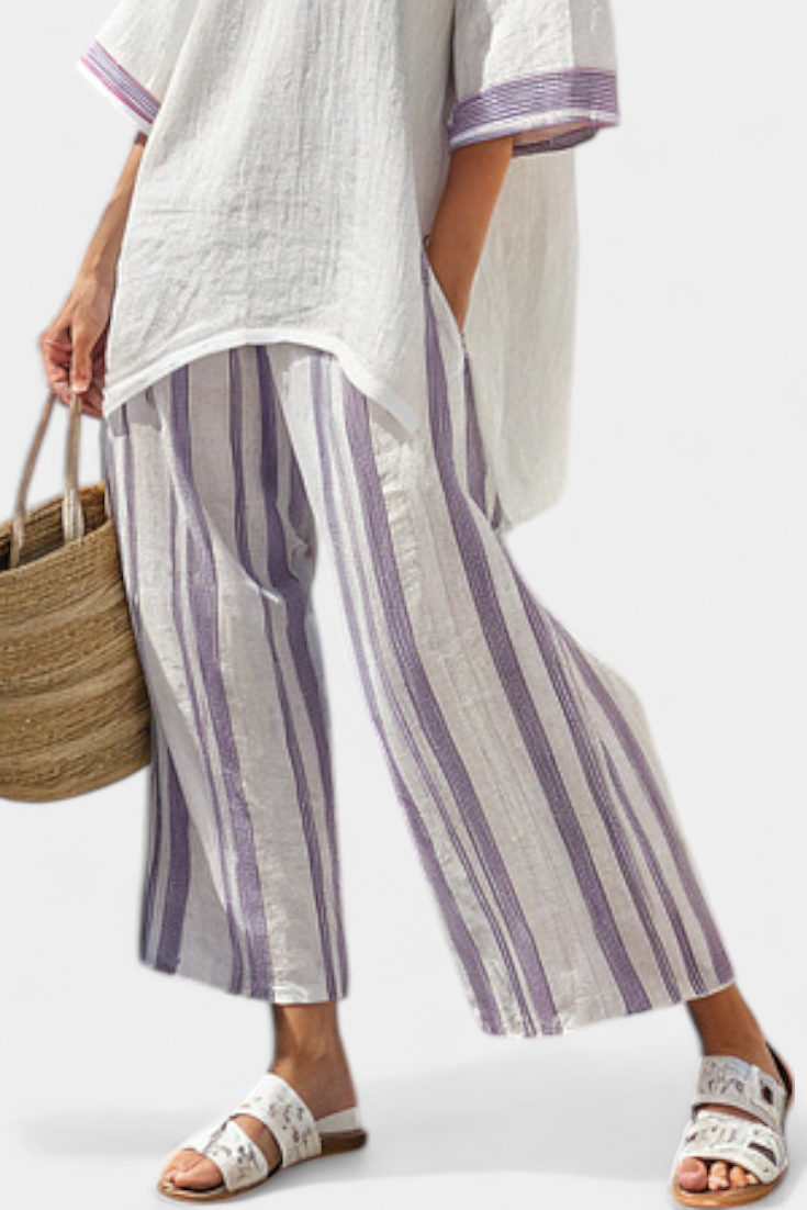 Luxmere Women's Relaxed Blouse & Striped Bamboo Pants Set | Comfortable & Stylish Outfit