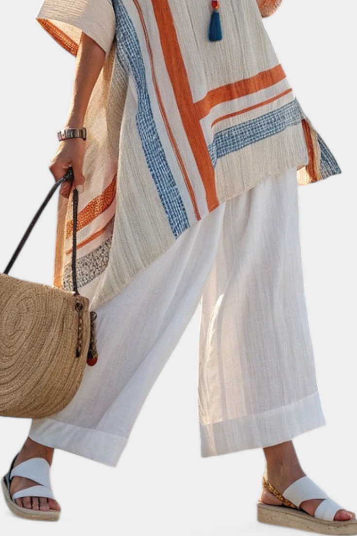 Caevan Women's Sophisticated Asymmetrical Blouse & Wide-Leg Linen Pants Set - Stylish Summer Outfit