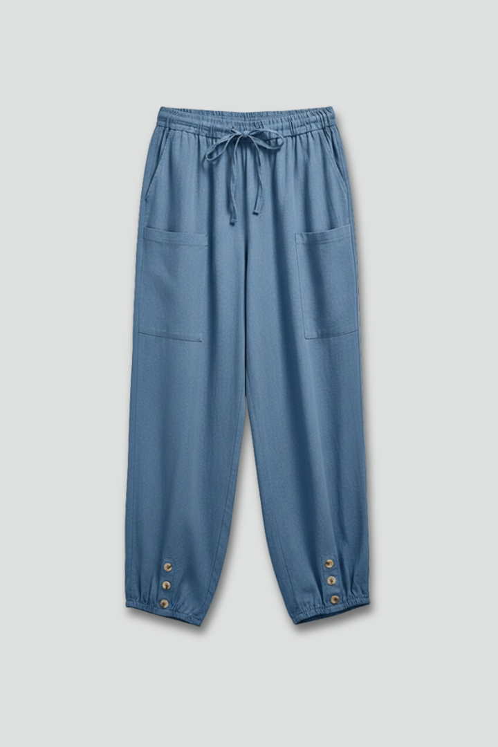 Anna Women's Drawstring Waist Trousers with Button Hem - Stylish & Comfortable Pants