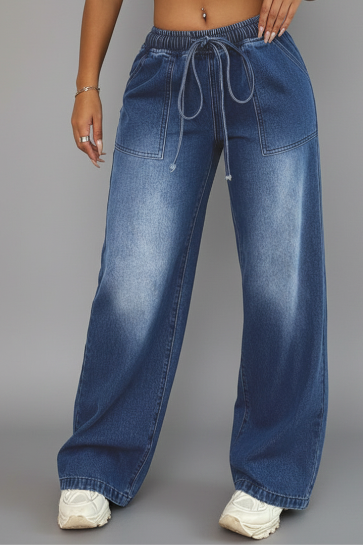 Lauren Women's Casual Wide-Leg Trousers - Comfortable Drawstring Waist & Stylish Patch Pockets